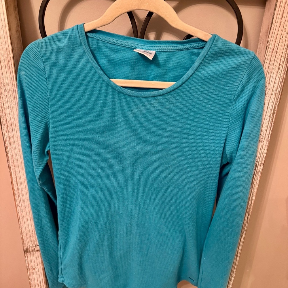 PINK Victoria’s Secret Thermal Shirt L Teal Blue Waffle Knit Long Sleeve‎